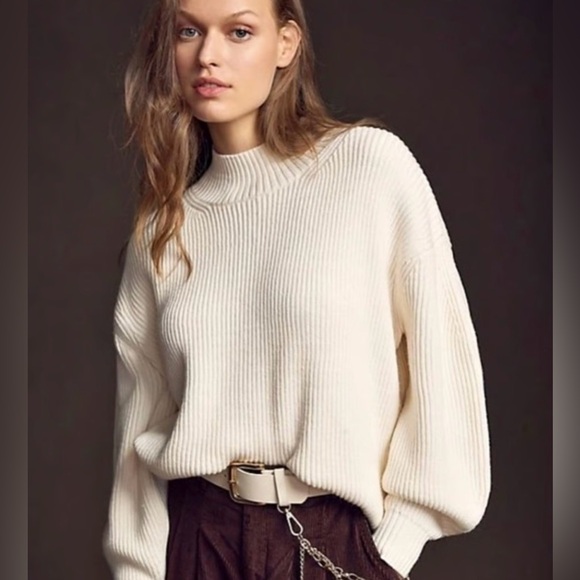 Maeve Sweaters - NWT Anthropologie Maeve Ivory Rib Knit Sweater, Mock Neck, Balloon Sleeves,Small